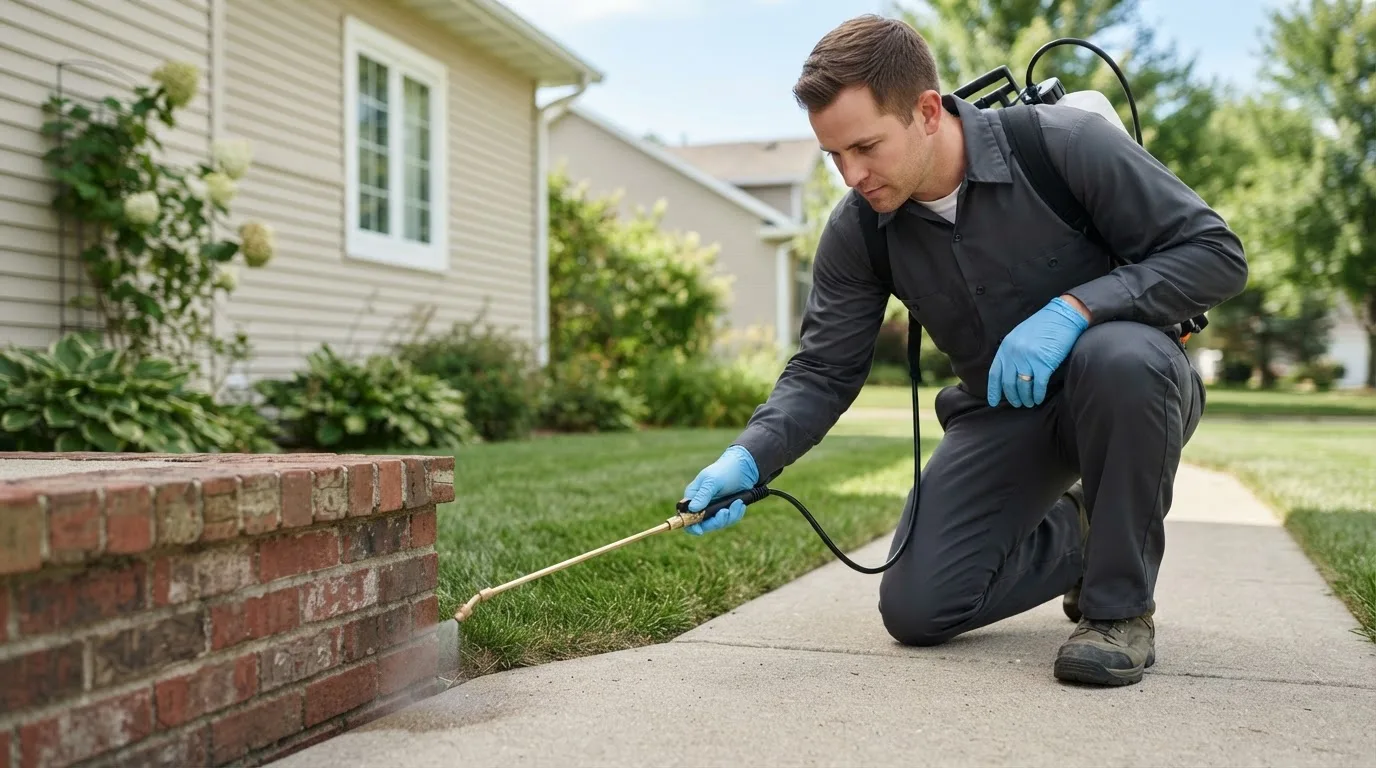 Pest control technician treating a home near Smyrna Mills, ME
